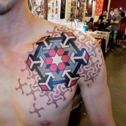 Marco Galdo's exceptional linework and dotwork skills are apparent in this geometric tattoo design