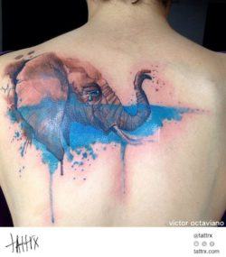 Victor Octaviano tattoos a crying elephant in a watercolor style