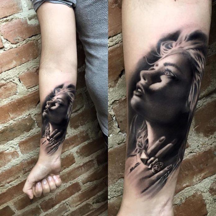 A beautiful girl clutches her throat in fear in this photo realistic horror tattoo by Jefree Naderali.