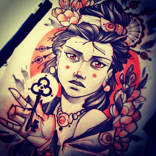 A beautiful girl presents you with a key in this harrowing tattoo sketch by Vitaly Morozov