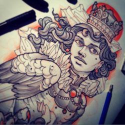 A cursed queen is both bird and beautiful woman in this fantasy tattoo sketch by Vitaly Morozov