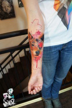 A pet owner loves her dog so much she had this funky watercolor tattoo portrait created by Dynoz Art Attack