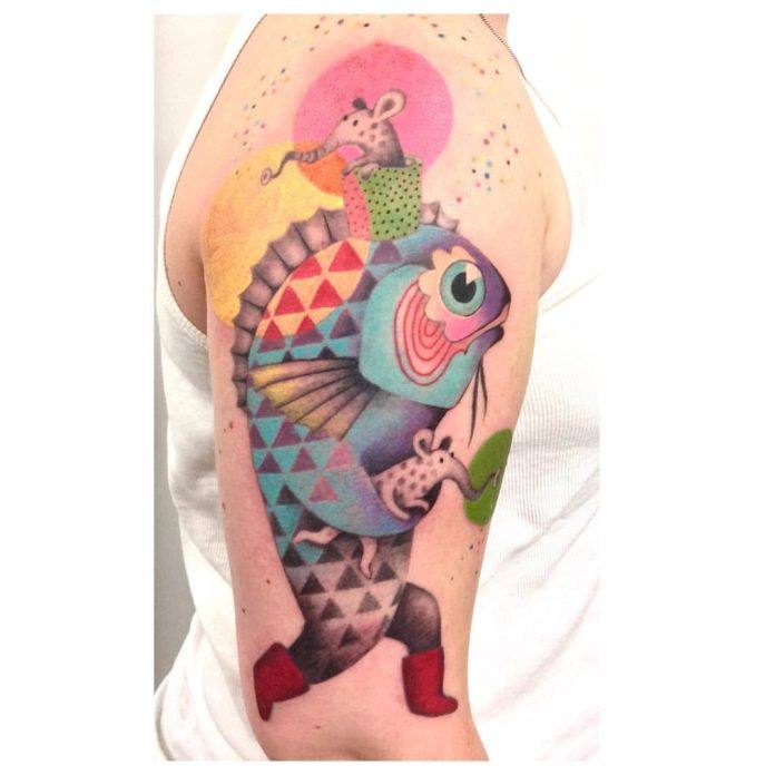 A running fish carries elephant shrews in this storybook illustration tattoo by Amanda Chamfreau