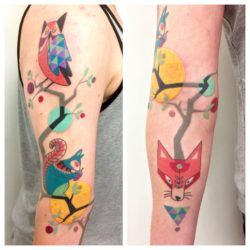 A squirrel, an owl and a fox feature in this colourful geometric tattoo by Amanda Chanfreau