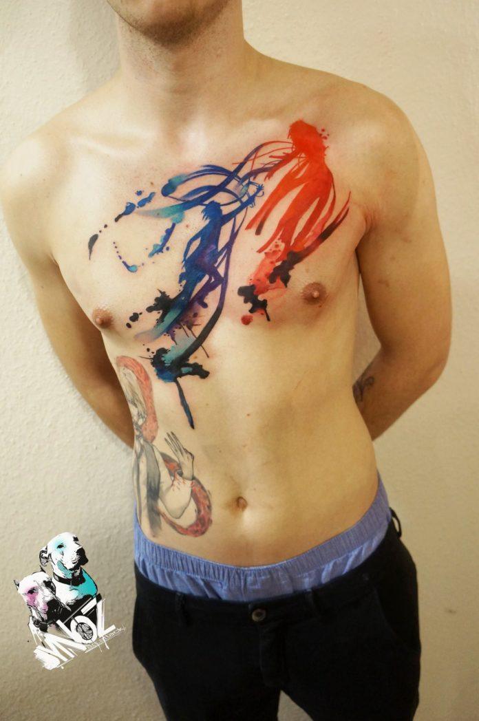 Bright splashes of color will forever decorate this guy's chest thanks to this abstract watercolor tattoo by Dynoz. Can you spot the hidden love affair?