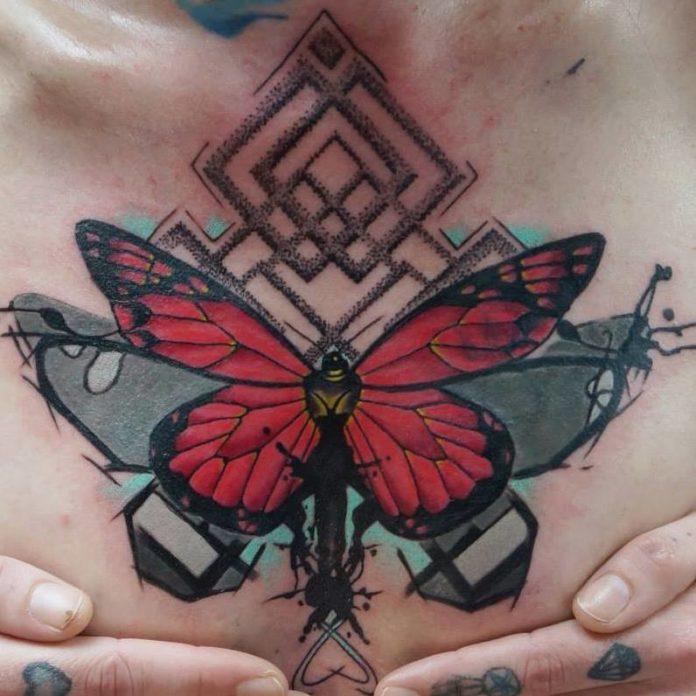 Dynos combines a variety of art styles in this butterfly chest tattoo