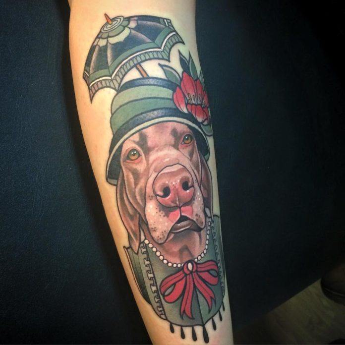 Rodrigo Kalaka combines semi-realism and traditional tattoo styles in this tattoo of a dog dressed as an old lady