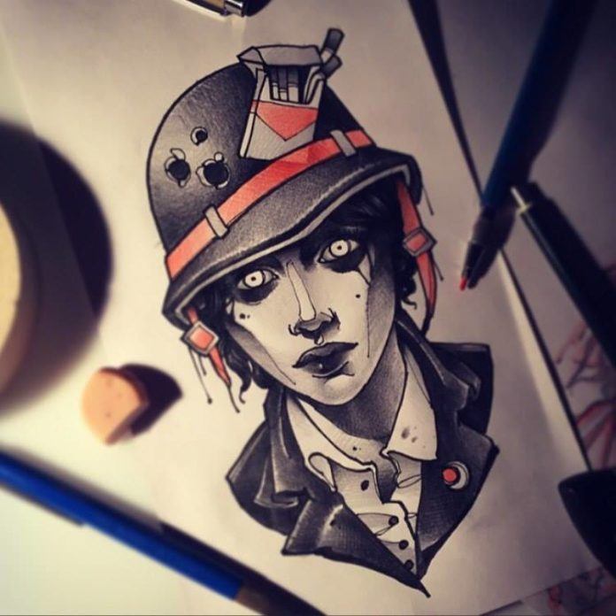 This beautiful zombie soldier girl drawing is a design for a tattoo by Russian artist Vitaly Morozov