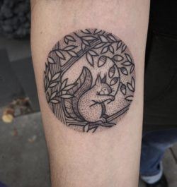 This black ink dotwork squirrel by Loyalty Tattoo shows how recognizable a squirrel's shape is