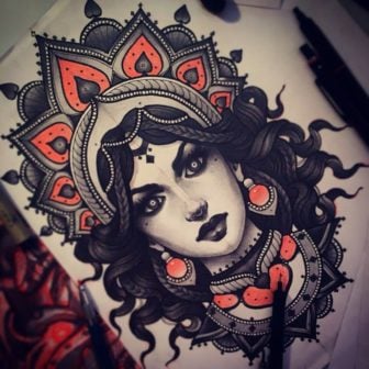 Vitaly Morozov draws a stunning Goddess for this black and red tattoo design