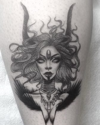 Tattoo artist Nickole Ashlock has designed and inked this beautiful witch portrait tattoo that resembles Medusa from Greek myths