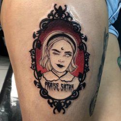 Tattooist Laura Arroz has made this witch tattoo of the teen witch Sabrina Spellman into a cute cartoon tattoo