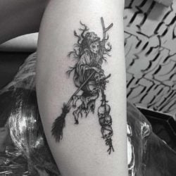 This night witch tattoo shows off tattoo artist Marcos Franke's skills with fine line work.