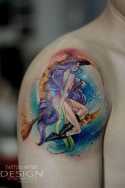 Vietnamese tattoo artist Tù has inked this colorful witch tattoo that shows that not all witches are ugly, drab old crones