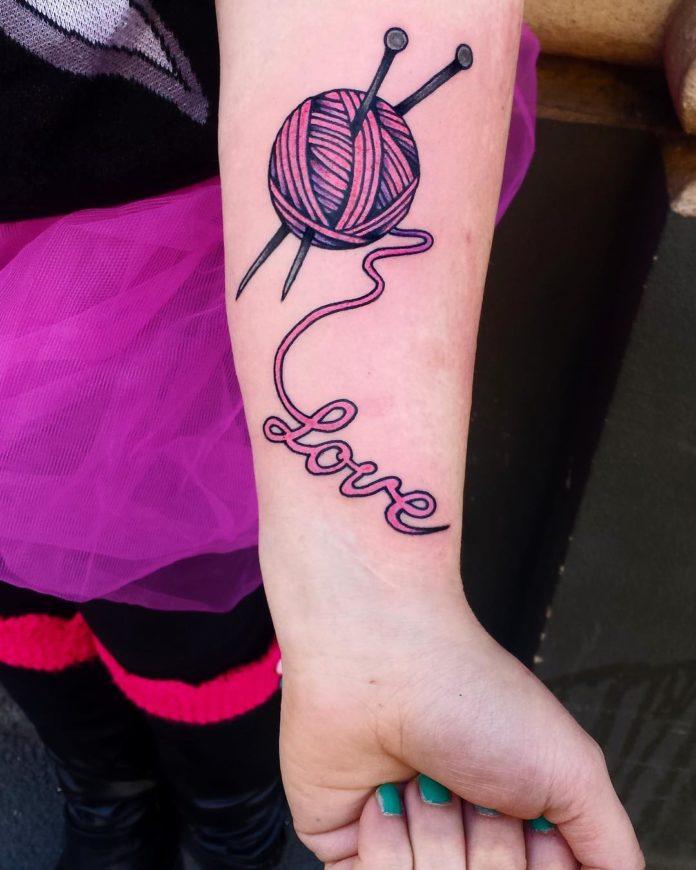 This girly tattoo design on the inside arm shows how much this woman loves to knit