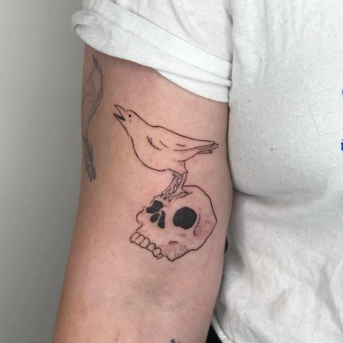 A crow sits on a human skull in this artistic hand poke tattoo