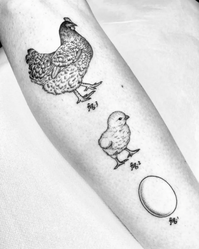 Italian tattoo artist Michele Volpi has tattooed her happy client with this science textbook tattoo design of a chicken, newborn chick and a hen's egg. Science diagrams make cool tattoo designs because they are created with the intention of being both realistic and simplistic, easy for the eye to understand.