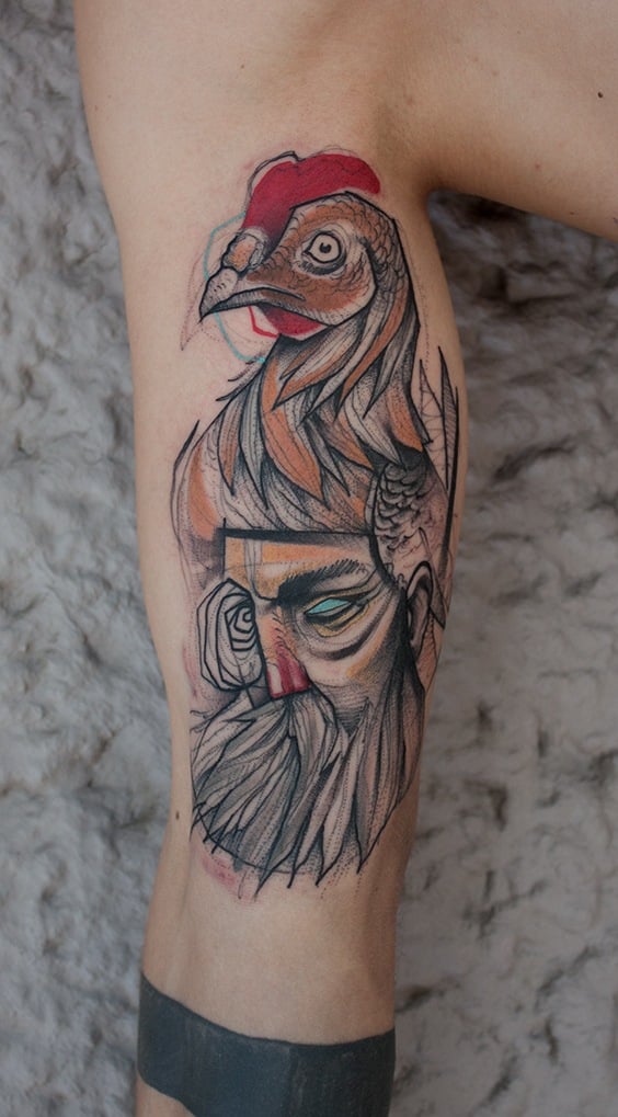 Tattoo artist Jukan gives this tattoo of an old man and his hen emotional depth by using jagged linework and a sketchy, artistic style that hints that there's a long and storied history between the man and his bird. The tattoo designer has added abstract elements such as irritating, scratchy lines around the old man's right eye to add to the annoyed and stern expression of the figure.