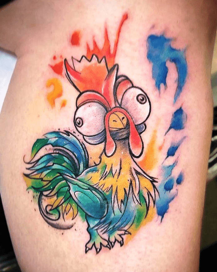 This funny and colorful chicken tattoo features Heihei the rooster from Disneys 3D animated film Moana. The tattoo artist has used splashy watercolor effects to color the this chicken tattoo design, giving the final tattoo an artistic but still cartoonish style.
